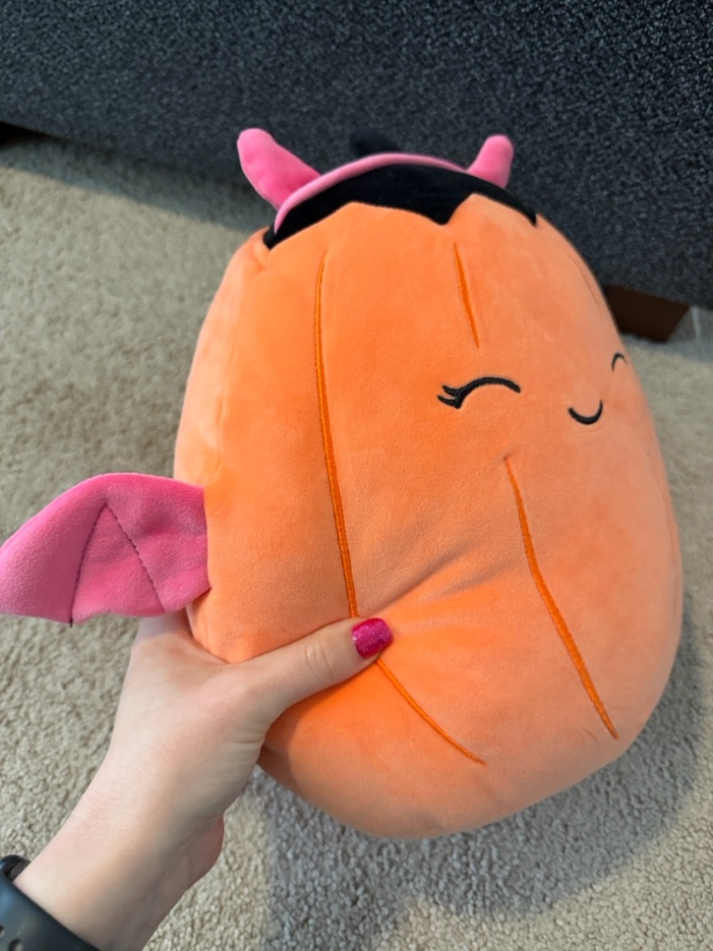 Squishmallows Margie the Pastel Orange Pumpkin in a pink devil costume - Picture 4 of 6